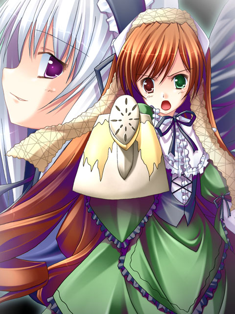 matsuzaki tokiko, suigintou, suiseiseki, rozen maiden, silver hair, 00s, 2girls, brown hair, collar, dress, frills, green dress, green eyes, headscarf, heterochromia, long hair, long sleeves, looking at viewer, maid headdress, multiple girls, parted lips, pointing, pointing at viewer, purple eyes, red eyes, ribbon, smirk, teeth, very long hair, watering can, white headscarf