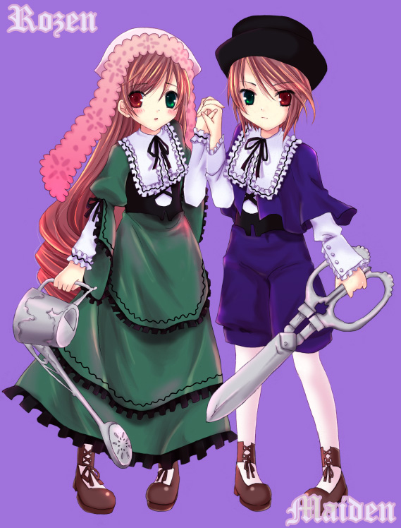haruno ichigo, souseiseki, suiseiseki, rozen maiden, 00s, 2girls, headscarf, heterochromia, multiple girls, pantyhose, scissors, siblings, sisters, twins, watering can, white headscarf