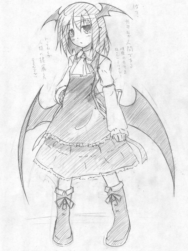 cinki, koakuma, embodiment of scarlet devil, touhou, 1girl, bat wings, female focus, greyscale, head wings, monochrome, solo, wings