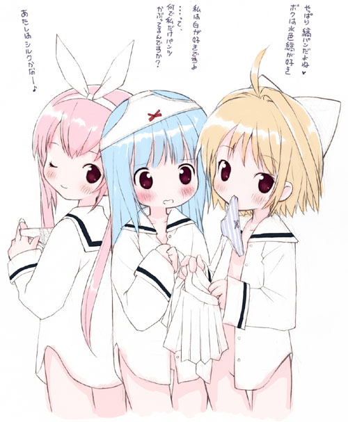 kiira, copyright request, translated, 3girls, ahoge, blonde hair, blue hair, bottomless, loli, mouth hold, multiple girls, one eye closed, open clothes, open shirt, panties, pink hair, purple eyes, red eyes, shirt, short hair, skirt, striped clothes, striped panties, twintails, underwear, wink