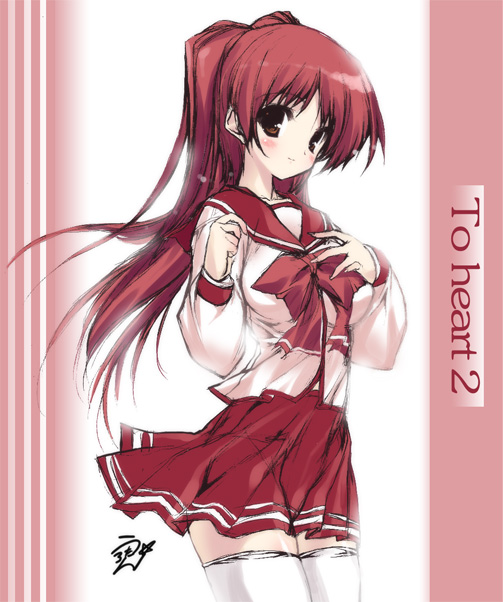 urotan, kousaka tamaki, to heart (series), to heart 2, 00s, blush, brown eyes, copyright name, cowboy shot, long hair, pleated skirt, red hair, red theme, school uniform, serafuku, skirt, solo, thighhighs, white thighhighs, zettai ryouiki