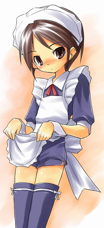 tatata, copyright request, 1boy, apron, bow, brown eyes, brown hair, child, crossdressing, crossdressing (mtf), maid, maid apron, male focus, male maid, shorts, solo, thighhighs