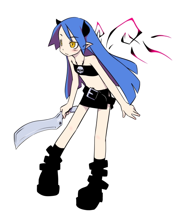 sakaetoun, 1girl, bare shoulders, belt, blue hair, boots, female focus, full body, goth fashion, hair ribbon, holding, holding weapon, horns, leaning forward, long hair, miniskirt, pointy ears, ribbon, simple background, skirt, skull print, solo, very long hair, weapon, white background, yellow eyes