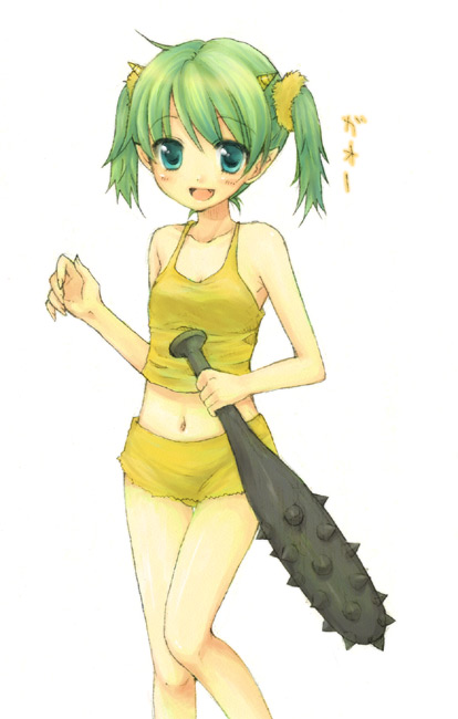 usashiro mani, original, blush, club, club (weapon), demon girl, green hair, kanabou, oni, solo, twintails, weapon