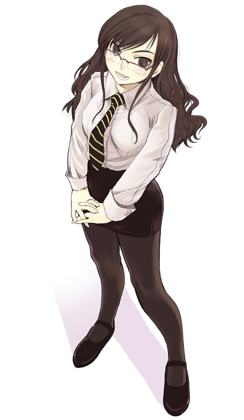 mk (mod0), kikuko (kazu), original, 1girl, black shoes, brown eyes, brown hair, female focus, from above, glasses, legs, long hair, mary janes, miniskirt, necktie, office lady, open mouth, pantyhose, pencil skirt, shoes, skirt, solo, standing, v arms, white background