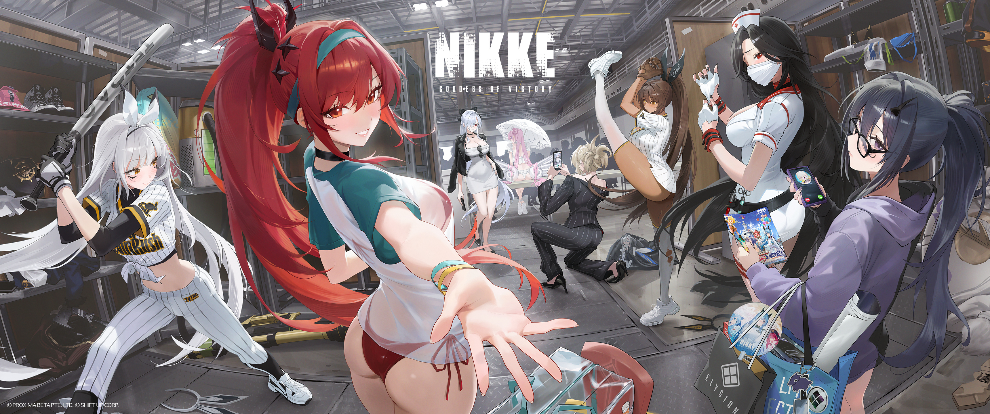 blanc (nikke), blanc (no. 77 batter) (nikke), cinderella (beautiful me) (nikke), cinderella (nikke), dorothy (nikke), dorothy (serendipity) (nikke), exia (gamer) (nikke), exia (nikke), grave (beautiful you) (nikke), grave (nikke), maiden (covert nurse) (nikke), maiden (nikke), noir (baseball cheerleader) (nikke), noir (nikke), rapi (nikke), rapi (red hood) (red flavor) (nikke), goddess of victory: nikke, absurdres, artist request, highres, official art, 6+girls, 6+others, ass, bag, baseball bat, baseball jersey, bikini, black-framed eyewear, black hair, black pants, black shirt, blonde hair, breasts, brown hair, cellphone, dark-skinned female, dark skin, dress, fingerless gloves, glasses, gloves, hat, holding, holding baseball bat, holding phone, holding umbrella, hood, hoodie, indoors, jersey, large breasts, long hair, long sleeves, looking at another, looking back, mask, mouth mask, multiple girls, multiple others, nurse, nurse cap, pants, phone, pink hair, pitching, ponytail, purple hoodie, reaching, reaching towards viewer, red bikini, red eyes, red hair, shelf, shirt, shoes, short sleeves, smartphone, smile, sneakers, socks, standing, sunglasses, swimsuit, swinging baseball bat, t-shirt, umbrella, unworn eyewear, weapon, white gloves, white shirt, white shoes, white socks, yellow eyes