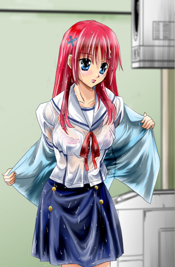 sentape, shirakawa kotori, da capo, da capo i, 00s, 1girl, blue eyes, bra, bra visible through clothes, female focus, lingerie, red hair, school uniform, see-through clothes, serafuku, shirt, solo, underwear, undressing, wet, wet clothes, wet shirt