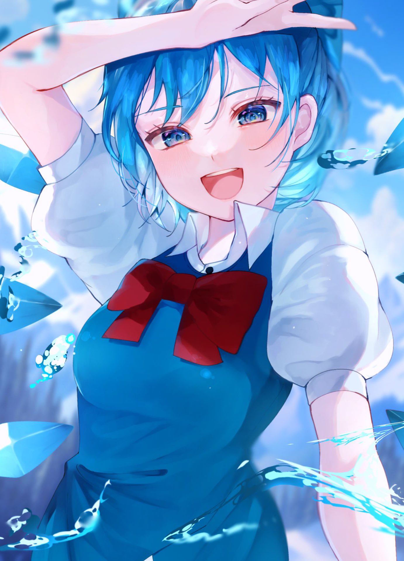 uiillustrate, cirno, touhou, highres, 1girl, arm up, blue dress, blue eyes, blue hair, bow, bowtie, dress, looking at viewer, open mouth, puffy short sleeves, puffy sleeves, red bow, red bowtie, short hair, short sleeves, solo, teeth, upper teeth only, water drop