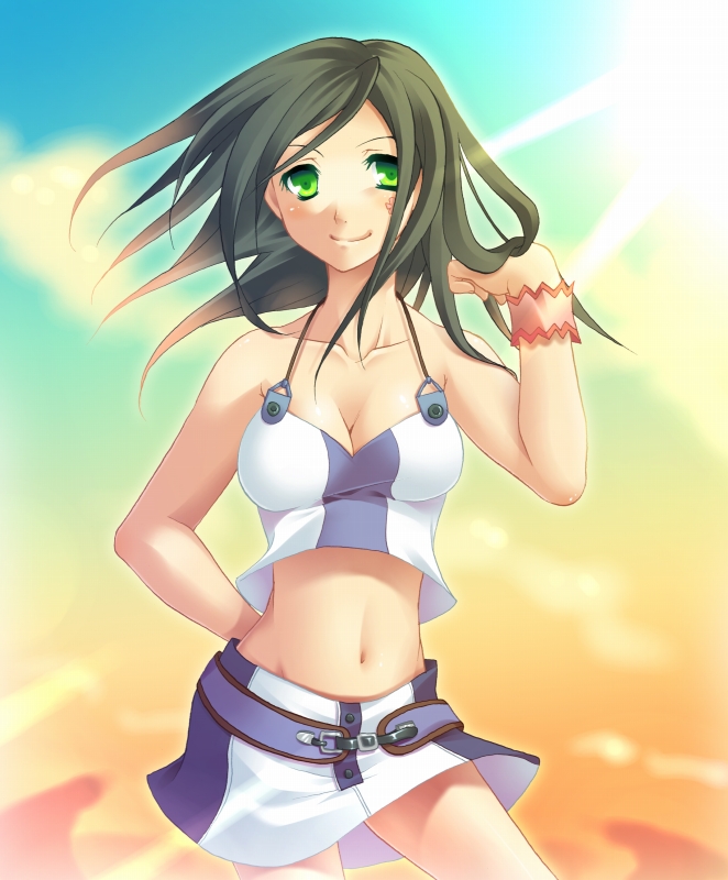 komi zumiko, talho yuuki, eureka seven, eureka seven (series), 00s, 1girl, bare shoulders, belt, black hair, breasts, brown hair, camisole, cleavage, collarbone, cowboy shot, facepaint, facial tattoo, female focus, green eyes, green hair, light rays, looking at viewer, matching hair/eyes, midriff, miniskirt, navel, skirt, smile, solo, spaghetti strap, strapless, sun, sunlight, tattoo, tube top, wind, wristband
