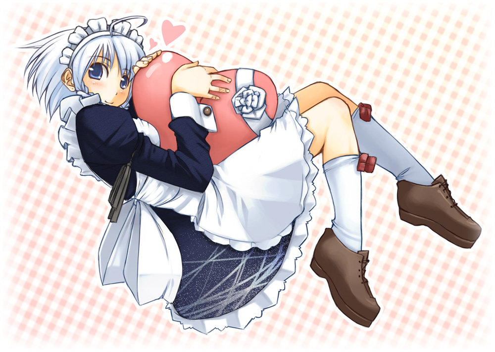 jirou (chekoro), izayoi sakuya, touhou, silver hair, 1girl, braid, female focus, maid, short hair, socks, solo, twin braids, valentine