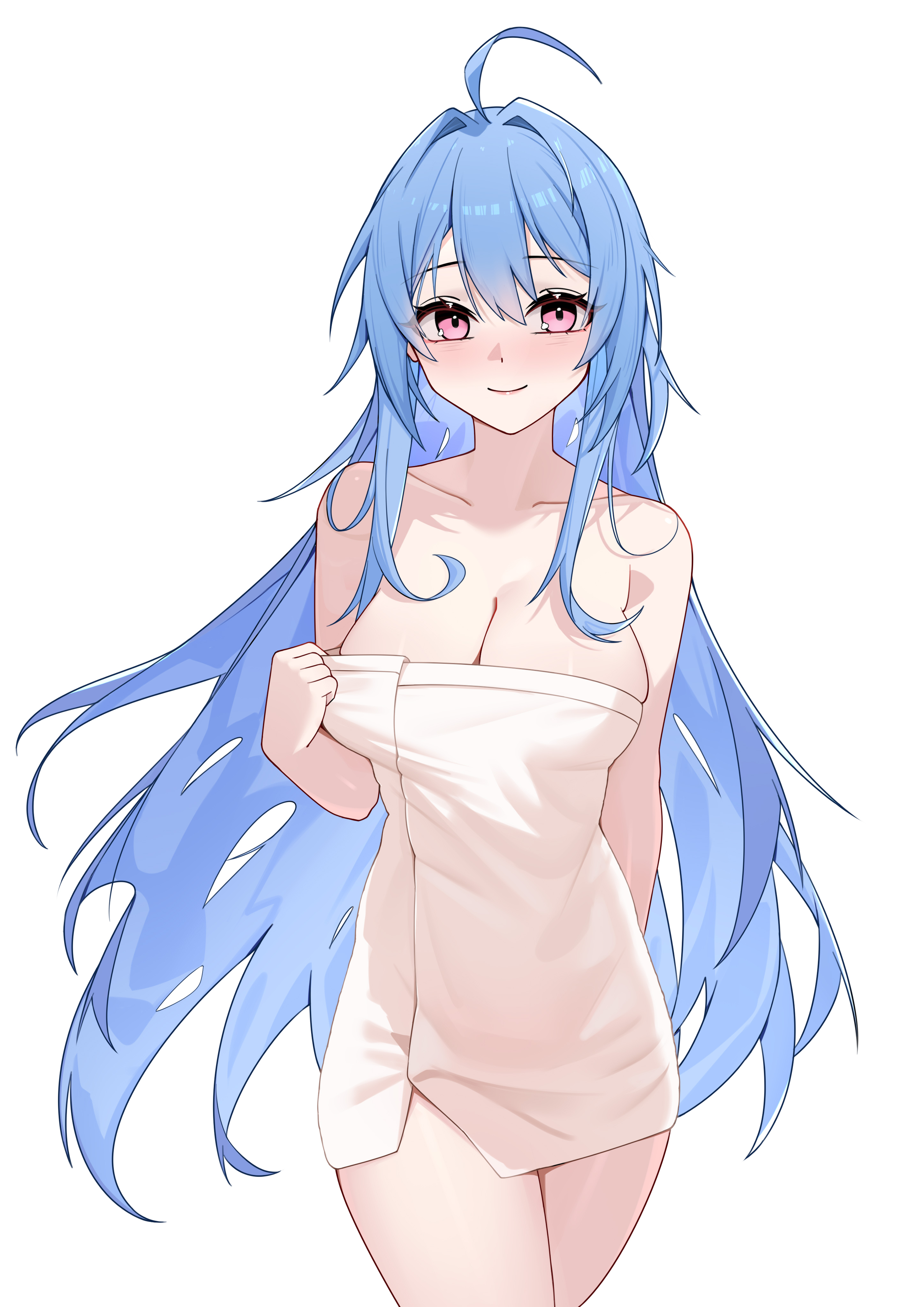 xin sanmu, helena (azur lane), helena (basking in the cypress' warmth) (azur lane), azur lane, absurdres, highres, 1girl, arm behind back, bare shoulders, blue hair, blush, breasts, cleavage, hair between eyes, hand up, long hair, looking at viewer, medium breasts, naked towel, official alternate costume, pink eyes, red eyes, smile, solo, standing, thighs, towel, towel pull, very long hair