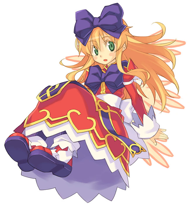 tanaka (cow), yamai (lsd), aruma (shinrabanshou), shinrabanshou, 1girl, blonde hair, bow, bowtie, dress, female focus, full body, green eyes, hair between eyes, hair bow, heart, long hair, long sleeves, looking at viewer, red dress, ribbon, sash, simple background, solo, very long hair, white background
