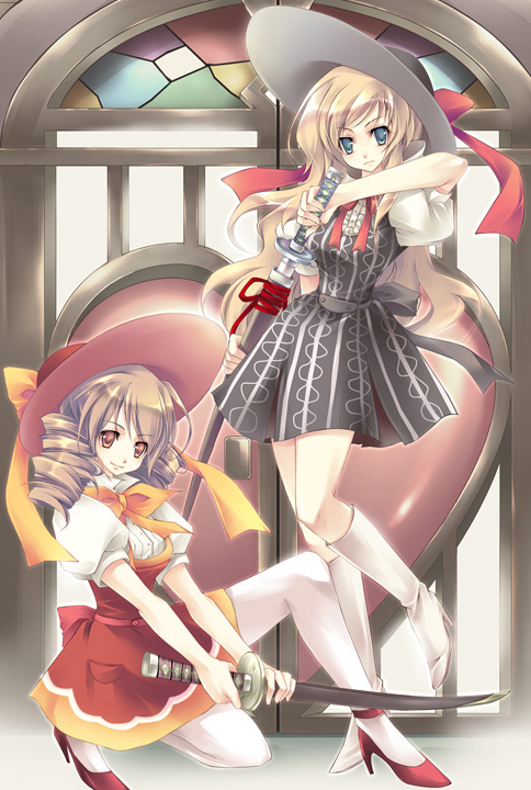 ta kaana, original, 2girls, blonde hair, blue eyes, boots, brown hair, dress, hat, high heels, katana, long hair, multiple girls, orange eyes, pantyhose, pleated skirt, ribbon, shoes, skirt, stained glass, sword, weapon