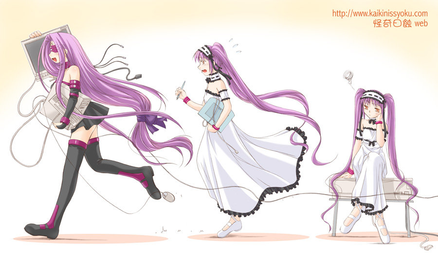 ayano naoto, euryale (fate), medusa (fate), medusa (rider) (fate), stheno (fate), fate/hollow ataraxia, fate/stay night, fate (series), 00s, 3girls, blindfold, bracelet, chasing, choker, collar, computer, computer keyboard, computer mouse, crossed legs, dress, facial mark, forehead mark, hairband, jewelry, lolita hairband, long hair, low-tied long hair, monitor, multiple girls, purple hair, running, sandals, shadow, siblings, sisters, sitting, strapless, strapless dress, thighhighs, twins, twintails, two-tone background, very long hair, watermark, web address