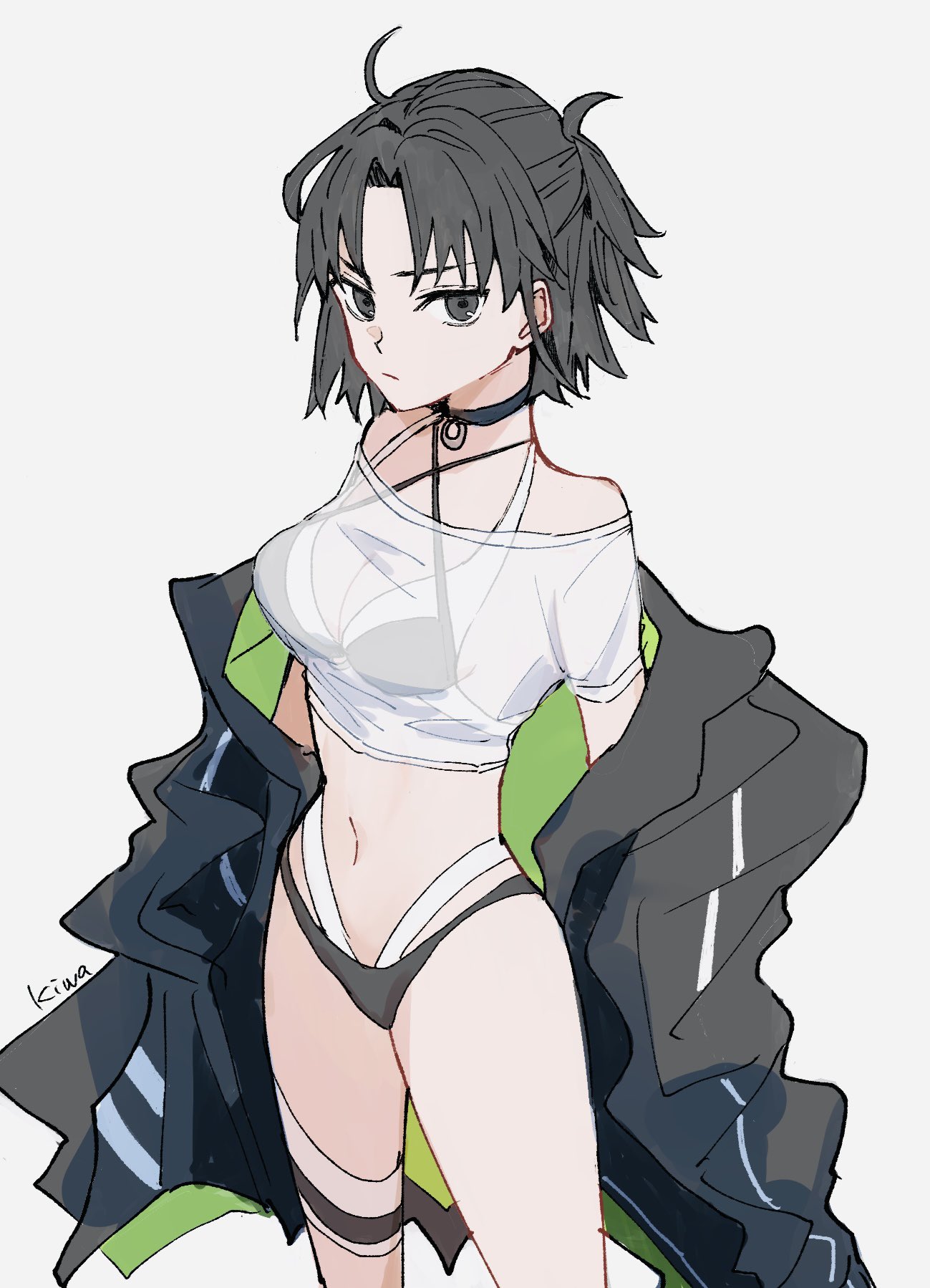 ki wa001, ryougi shiki, fate/grand order, fate (series), kara no kyoukai, highres, 1girl, ahoge, artist name, bikini, black eyes, black hair, black jacket, breasts, cleavage, criss-cross halter, halterneck, jacket, looking at viewer, navel, off shoulder, see-through clothes, see-through shirt, shirt, short hair, simple background, solo, swimsuit, white background, white shirt