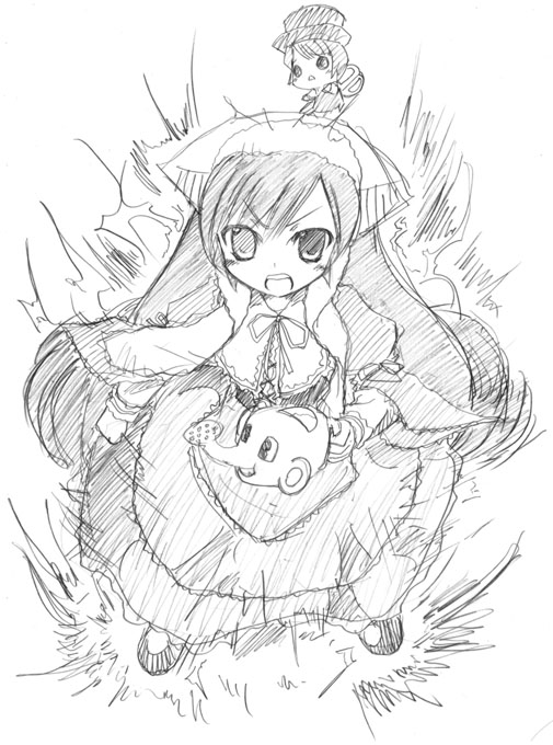 naruse mamoru, suiseiseki, rozen maiden, 00s, 1girl, female focus, greyscale, heterochromia, monochrome, solo