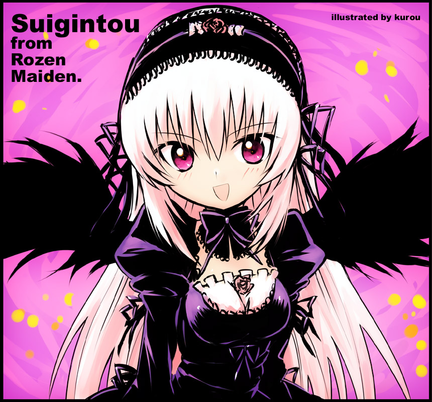 kuropan (crow panther), kurou (artist), suigintou, rozen maiden, silver hair, 00s, 1girl, female focus, pink background, pink eyes, smile, solo