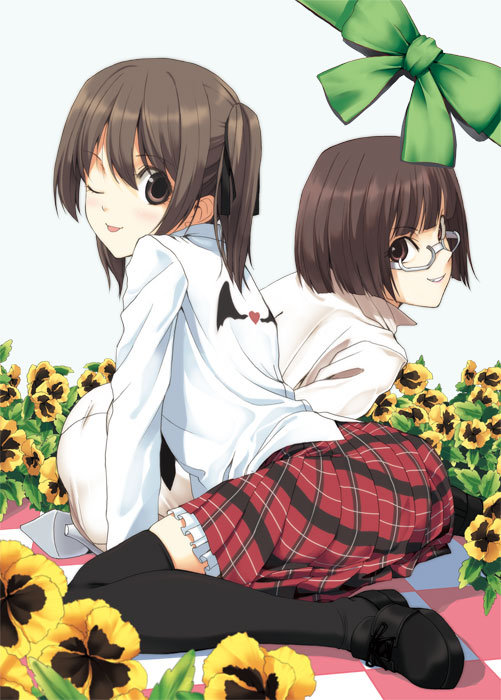 luna (reclaimed land), original, 2girls, :p, ass, brown eyes, brown hair, flower, glasses, kneehighs, legs, multiple girls, one eye closed, pansy, plaid clothes, plaid skirt, shoes, skirt, socks, thighhighs, tongue, tongue out, twintails, wink, yellow flower, yellow pansy