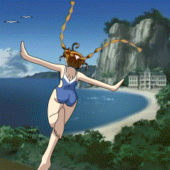 arika yumemiya, my-otome, animated, animated gif, lowres, 00s, 1girl, ass, barefoot, blue one-piece swimsuit, feet, female focus, garderobe swimsuit, one-piece swimsuit, outdoors, outstretched arms, running, school swimsuit, soles, solo, spread arms, swimsuit, toes