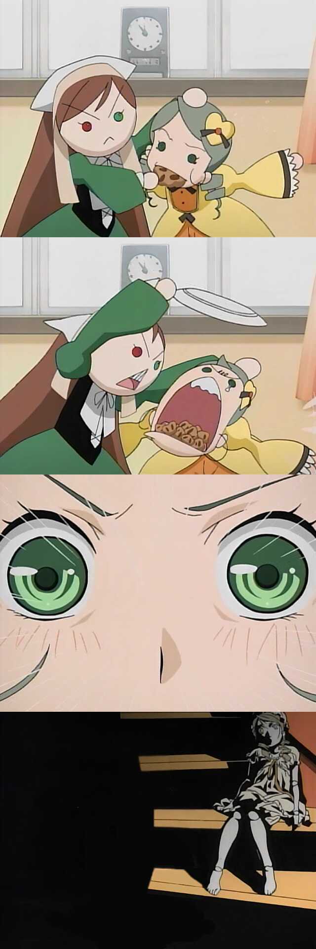 kanaria, suiseiseki, rozen maiden, anime screenshot, highres, jpeg artifacts, long image, tall image, 00s, 4koma, brown hair, close-up, comic, cookie, eating, food, green eyes, headscarf, heterochromia, image macro (meme), long hair, open mouth, plate, red eyes, silent comic, very long hair, white headscarf