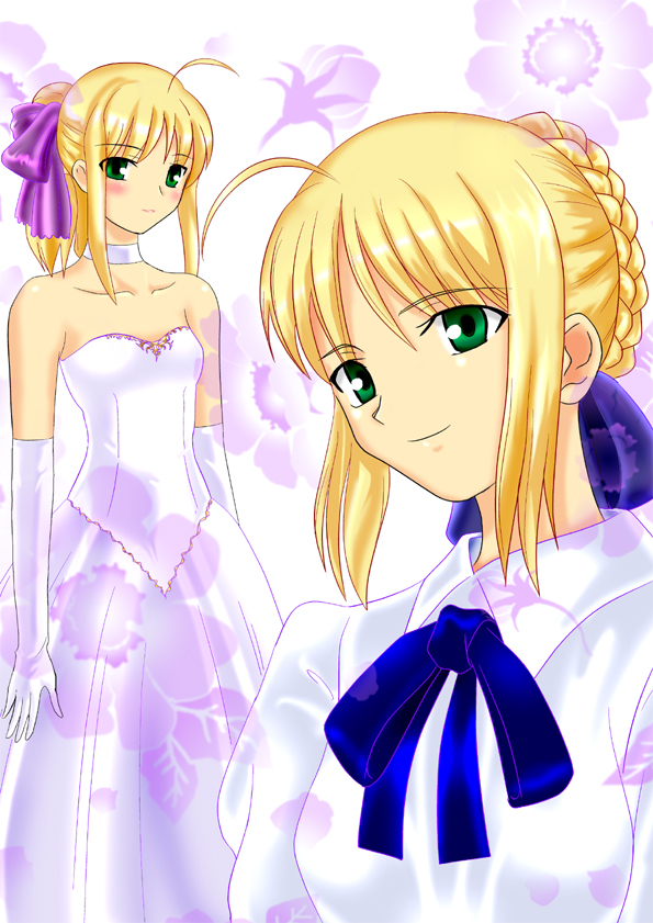 luna rune, artoria pendragon (fate), saber (fate), fate/stay night, fate (series), 00s, 1girl, ahoge, alternate costume, blonde hair, blouse, blush, braid, collared shirt, dress, green eyes, looking at viewer, multiple views, ribbon, shirt, short hair, smile, standing, white dress