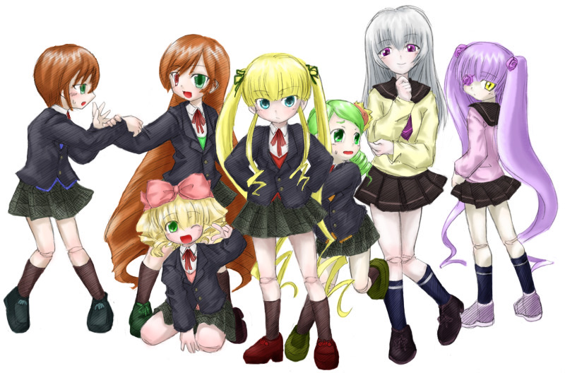 naruse mamoru, hinaichigo, kanaria, kirakishou, shinku, souseiseki, suigintou, suiseiseki, rozen maiden, 6+girls, alternate costume, blonde hair, bow, cosplay, heterochromia, multiple girls, pink bow, pleated skirt, school uniform, serafuku, siblings, sisters, skirt, sweater, twins