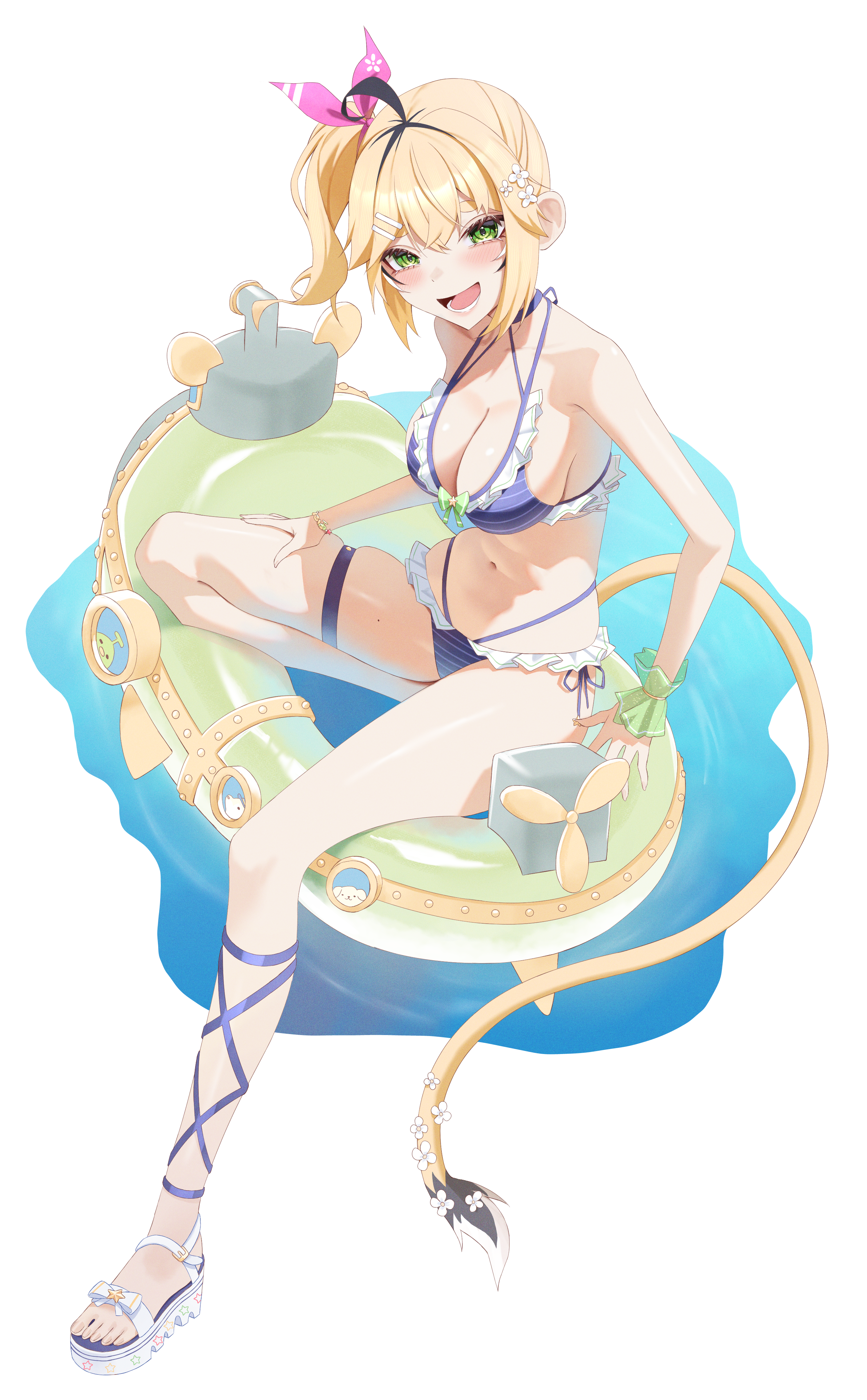 yubbiidraw, dooby (vtuber), indie virtual youtuber, absurdres, commentary, english commentary, highres, 1girl, :d, ahoge, bikini, black hair, blonde hair, blue bikini, breasts, crossed bangs, dooby (summer) (vtuber), double-parted bangs, flower, frills, front-tie bikini top, front-tie top, full body, green eyes, hair between eyes, hair flower, hair ornament, hair ribbon, hairclip, halterneck, highleg, highleg bikini, jerboa tail, large breasts, looking at viewer, multi-strapped bikini bottom, multi-strapped bikini top, multicolored hair, navel, official alternate costume, official alternate hairstyle, open mouth, parallel hairclips, pink ribbon, ribbon, sandals, side-tie bikini bottom, side ponytail, single wrist cuff, sitting, smile, solo, streaked hair, striped bikini, striped clothes, swimsuit, thigh strap, toes, virtual youtuber, white sandals, wrist cuffs