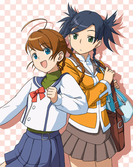 minato fumi, arika yumemiya, chun mei, nina wang, my-hime, my-otome, 00s, 2girls, ahoge, bag, black hair, blue eyes, bow, bowtie, braid, brown hair, checkered background, green eyes, looking at another, looking at viewer, multiple girls, orange shirt, pink background, pleated skirt, school bag, school uniform, serafuku, shirt, short twintails, skirt, tote bag, turtleneck, twin braids, twintails