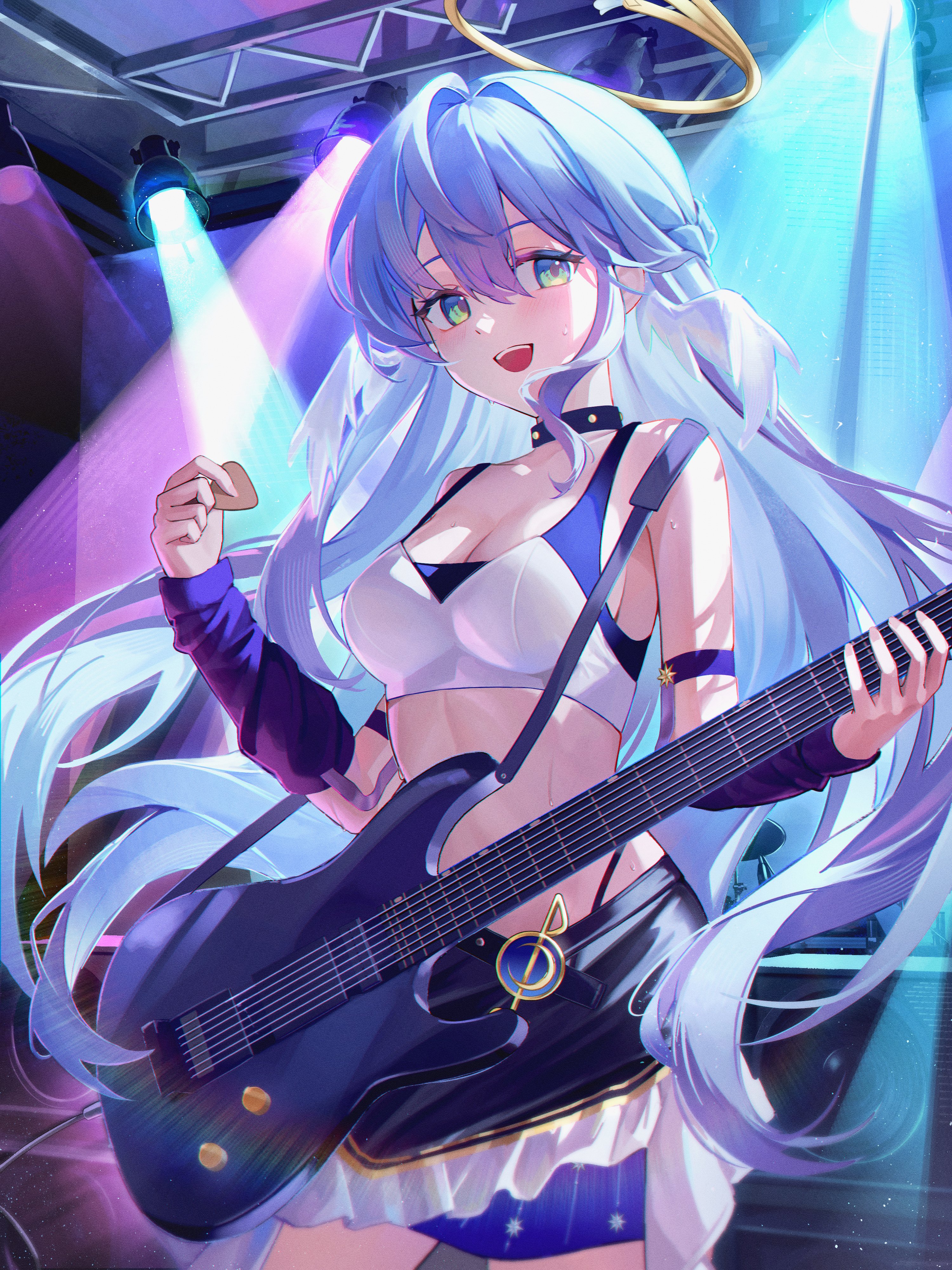 bimo (bimo koa), robin (honkai: star rail), honkai: star rail, honkai (series), absurdres, commentary, highres, symbol-only commentary, 1girl, alternate costume, black choker, black skirt, blue hair, breasts, choker, cleavage, crop top, electric guitar, fretless guitar, fretless instrument, green eyes, guitar, head wings, holding, holding guitar, holding instrument, holding plectrum, instrument, large breasts, long hair, navel, open mouth, plectrum, skirt, solo, stage lights, stomach, teeth, upper teeth only, very long hair, wings