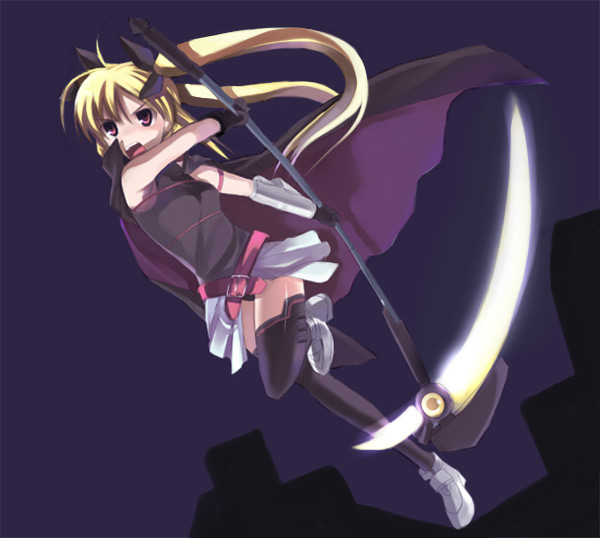 bardiche (nanoha), bardiche (scythe form) (nanoha), fate testarossa, fate testarossa (lightning form), lyrical nanoha, mahou shoujo lyrical nanoha, mahou shoujo lyrical nanoha a's, 00s, 1girl, arm belt, belt, blonde hair, bow, cape, charging forward, energy blade, female focus, gloves, hair bow, magical girl, pleated skirt, red eyes, scythe, skirt, solo, thighhighs, twintails