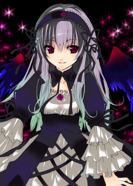 suigintou, rozen maiden, silver hair, tagme, 00s, black background, red eyes, smile, solo