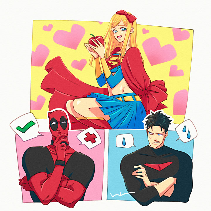 htnks2, deadpool, jason todd, snow white (disney), supergirl, dc comics, deadpool (series), marvel, 1girl, 2boys, apple, blonde hair, blue eyes, blue skirt, border, bow, cosplay, crossed arms, food, fruit, heart, holding, holding food, holding fruit, multiple boys, red bow, skirt, snow white (disney) (cosplay), spoken sweatdrop, sweatdrop, thighhighs, white border, zettai ryouiki