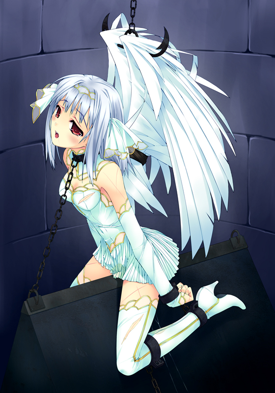 murakami suigun, f-ism, original, 1girl, albino, angel, bdsm, bondage, bound, chain, chain leash, collar, cuts, female focus, high heels, injury, leash, pee, peeing, red eyes, shoes, slave, solo, thighhighs, torn clothes, torture, whip marks, white hair, wings, wooden horse