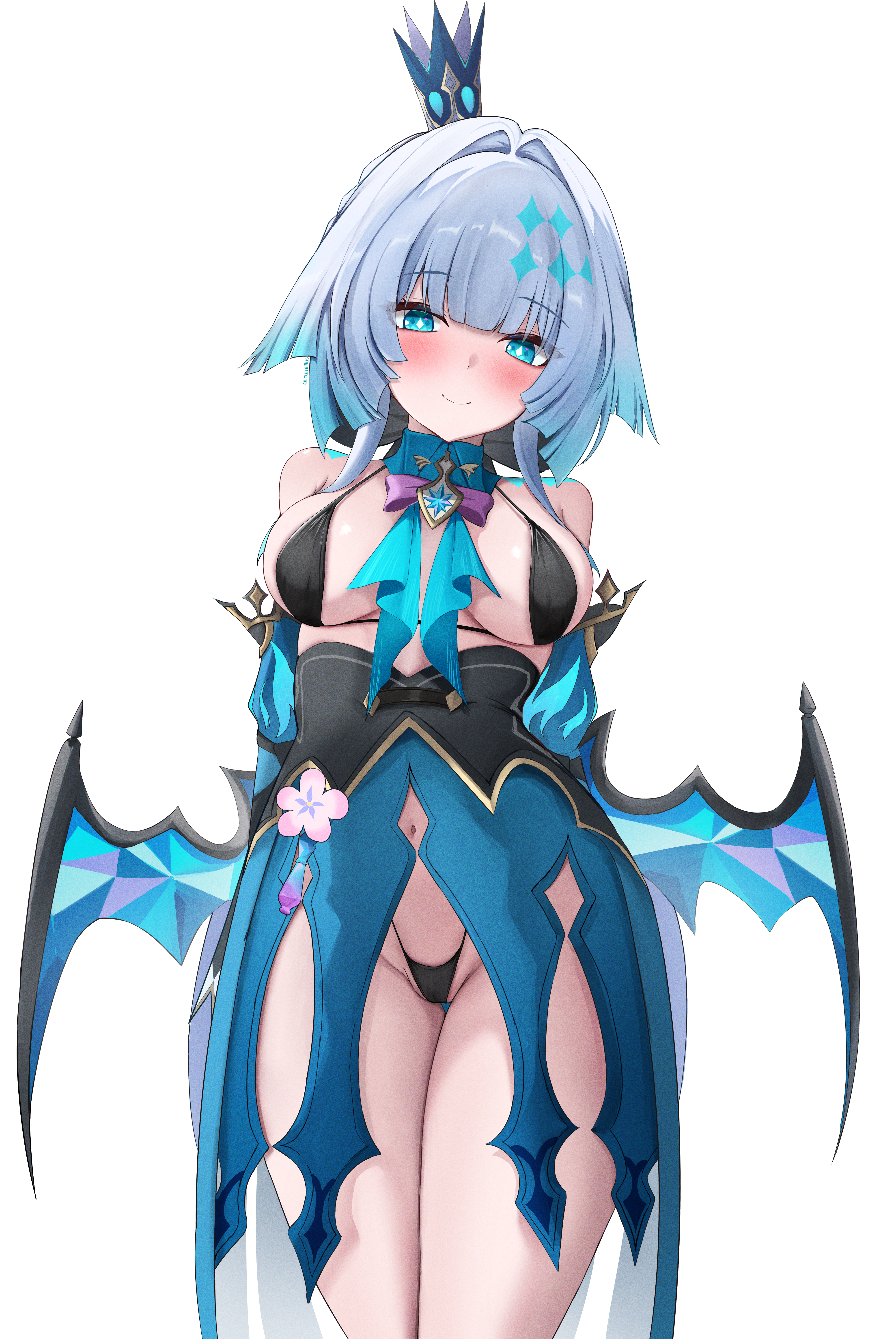 izumiillus, cerydra (honkai: star rail), honkai: star rail, honkai (series), absurdres, commentary request, highres, paid reward available, 1girl, bare shoulders, black bra, black panties, blue eyes, blue hair, blue skirt, blush, bra, breasts, crown, hair intakes, looking at viewer, medium breasts, navel, panties, short hair, simple background, skirt, smile, solo, underwear, white background, wings