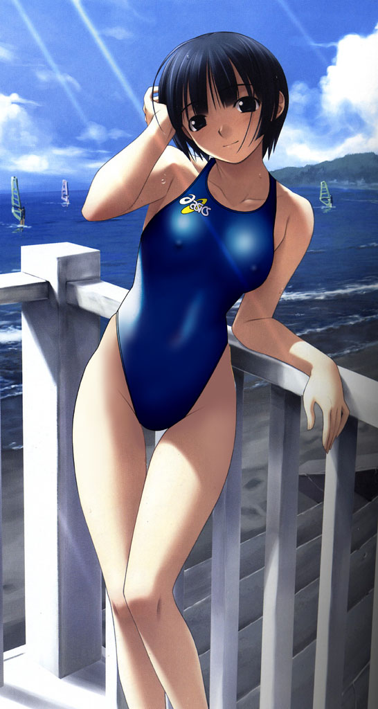 hashimoto takashi, ichinose mio, asics, white breath, third-party edit, 1girl, beach, blue one-piece swimsuit, blunt bangs, breasts, breasts apart, cloud, competition swimsuit, day, female focus, halterneck, hand on own head, head tilt, highleg, highleg one-piece swimsuit, leaning to the side, legs together, one-piece swimsuit, outdoors, short hair, skin tight, sky, solo, standing, swimsuit, wet, wet hair