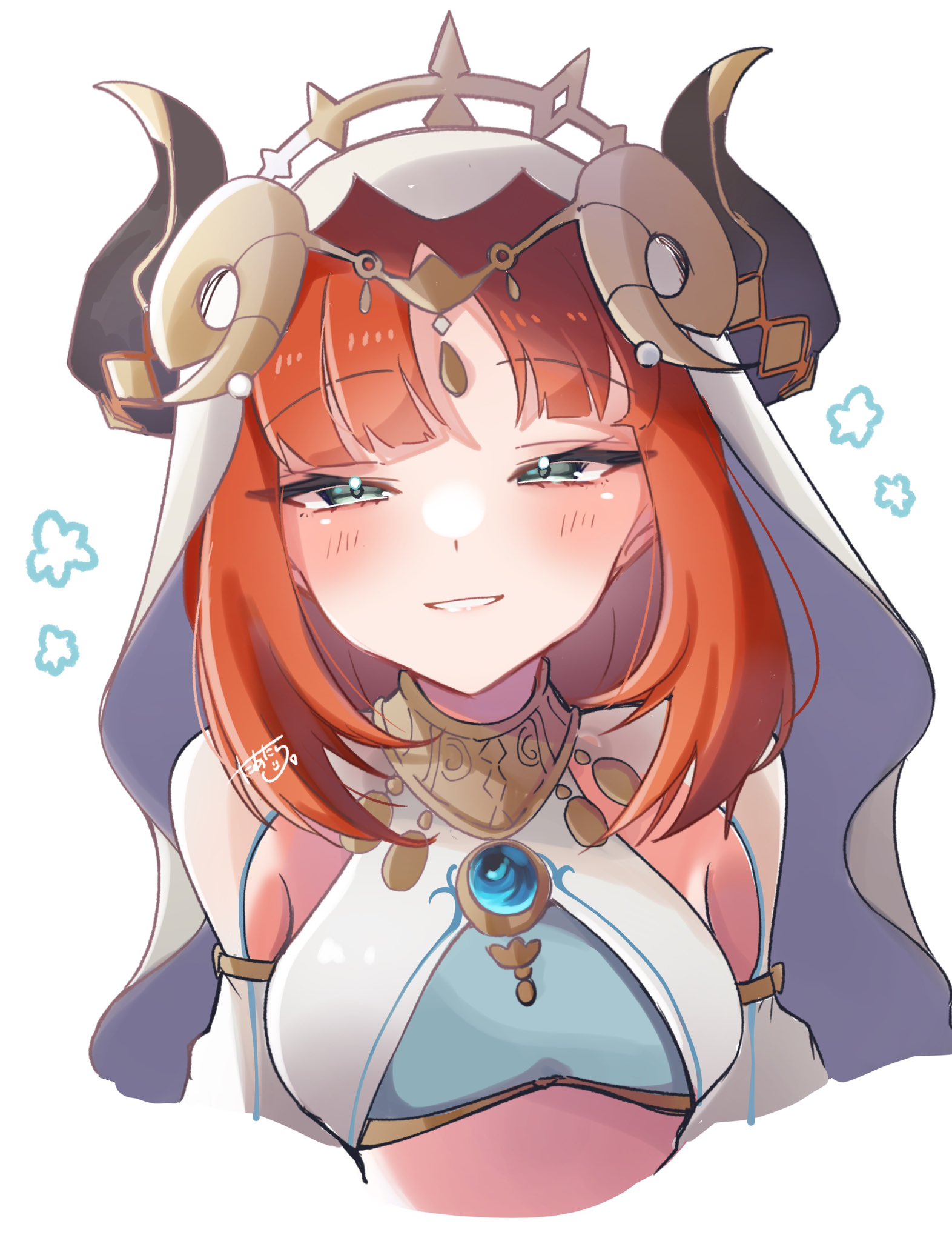 tatara 1121, nilou (genshin impact), genshin impact, commentary, highres, 1girl, black horns, blue brooch, blush, breasts, brooch, crop top, cropped torso, fake horns, green eyes, grin, horns, jewelry, looking at viewer, medium breasts, red hair, signature, simple background, smile, solo, veil, white background, white veil