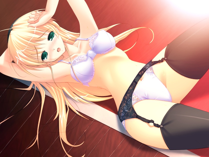 mikeou, seihouin erika, miraroma, game cg, 1girl, :o, black thighhighs, blonde hair, blush, bra, female focus, garter belt, gradient background, green eyes, lingerie, long hair, lying, on back, open mouth, panties, saliva, solo, stomach, thighhighs, underwear, underwear only, white bra, white panties