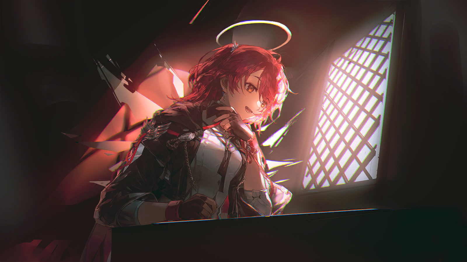 min (120716), exusiai (arknights), exusiai the new covenant (arknights), arknights, game cg, highres, official art, third-party source, 1girl, :d, black gloves, black jacket, confessional, confessional interior, detached wings, earrings, energy wings, fingerless gloves, gloves, halo, jacket, jewelry, one side up, open mouth, orange eyes, red hair, shirt, sitting, smile, solo, white shirt, wings