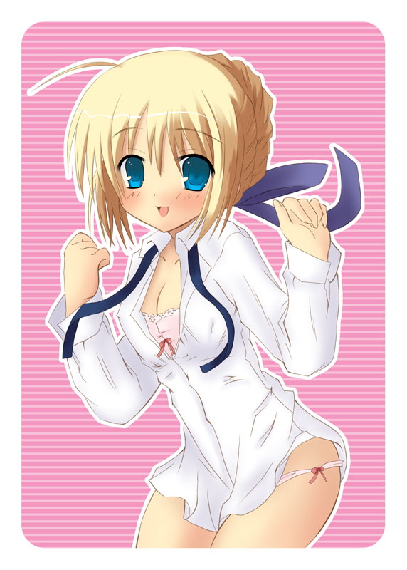 artoria pendragon (fate), saber (fate), fate/stay night, fate (series), 00s, 1girl, blonde hair, blouse, blue eyes, blush, bra, breasts, cleavage, female focus, lingerie, open mouth, panties, shirt, short hair, solo, underwear