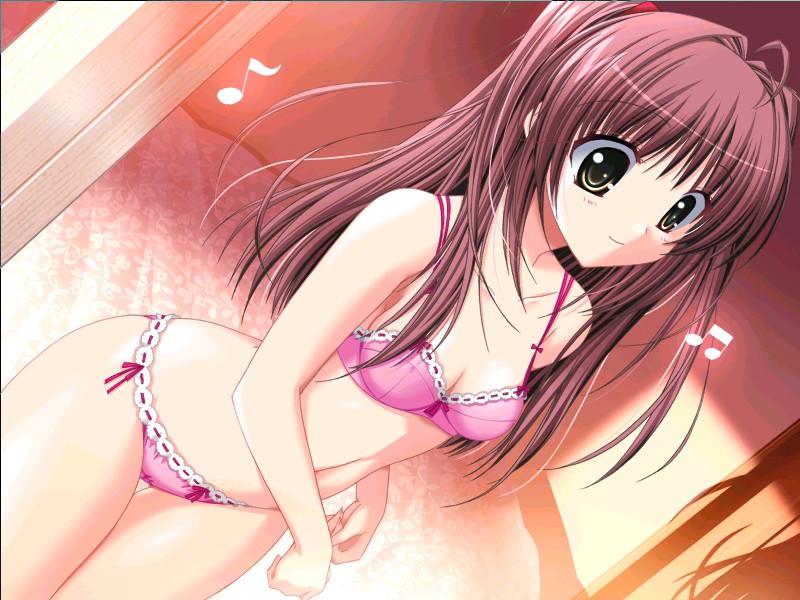 choco chip, shirakawa anzu, anejiru, atelier kaguya, duplicate, game cg, 00s, 1girl, ahoge, blush, bra, breasts, cleavage, dutch angle, female focus, lingerie, long hair, medium breasts, musical note, panties, pink hair, pink panties, quaver, red hair, smile, solo, thigh gap, thighs, underwear, underwear only, yellow eyes