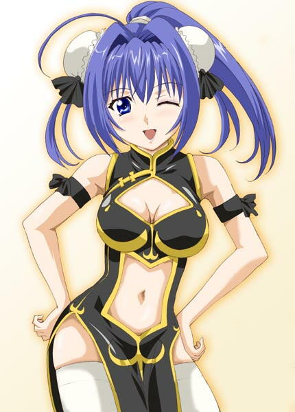 jet yowatari, hayase mitsuki, galaxy angel, kimi ga nozomu eien, jpeg artifacts, 1girl, alternate color, blue eyes, blue hair, breasts, bun cover, china dress, chinese clothes, cleavage, cleavage cutout, clothing cutout, cosplay, double bun, dress, female focus, gradient background, hair bun, hands on own hips, high ponytail, large breasts, long hair, looking at viewer, matching hair/eyes, midriff, navel, navel cutout, one eye closed, ponytail, ranpha franboise (cosplay), side slit, simple background, smile, solo, thighhighs, wink
