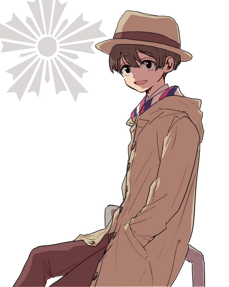 inabara, moritsuka shun, occultic;nine, science adventure, 1boy, :d, black hair, blue necktie, brown eyes, brown hair, coat, dress shirt, fedora, from side, hands in pockets, hat, long sleeves, looking at viewer, male focus, necktie, open clothes, open coat, open mouth, shirt, short hair, simple background, smile, solo, standing, upper body, white background, white shirt
