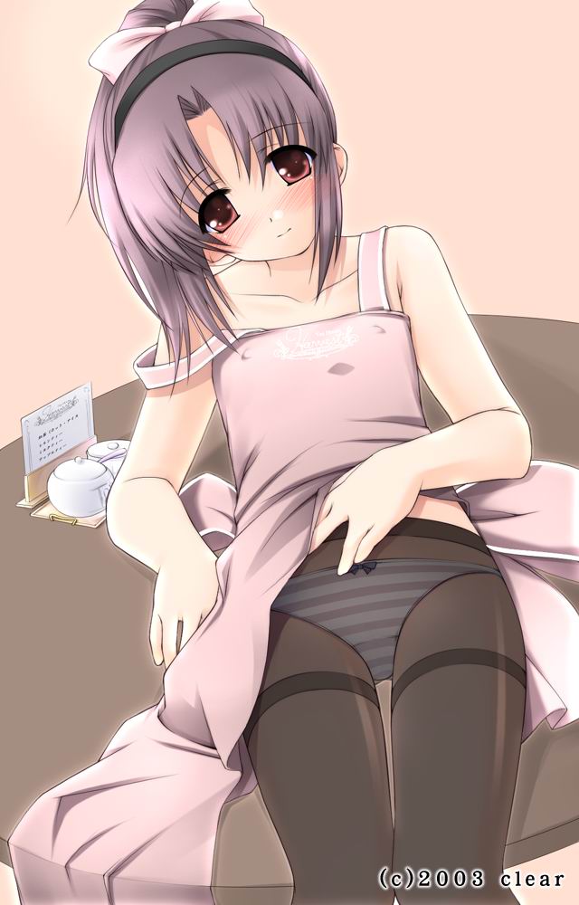 ooji, original, 1girl, apron, blush, bow, clothes lift, covered erect nipples, female focus, flat chest, loli, panties, panties under pantyhose, pantyhose, purple hair, red eyes, skirt, skirt lift, smile, solo, striped clothes, striped panties, table, thighband pantyhose, underwear, upskirt