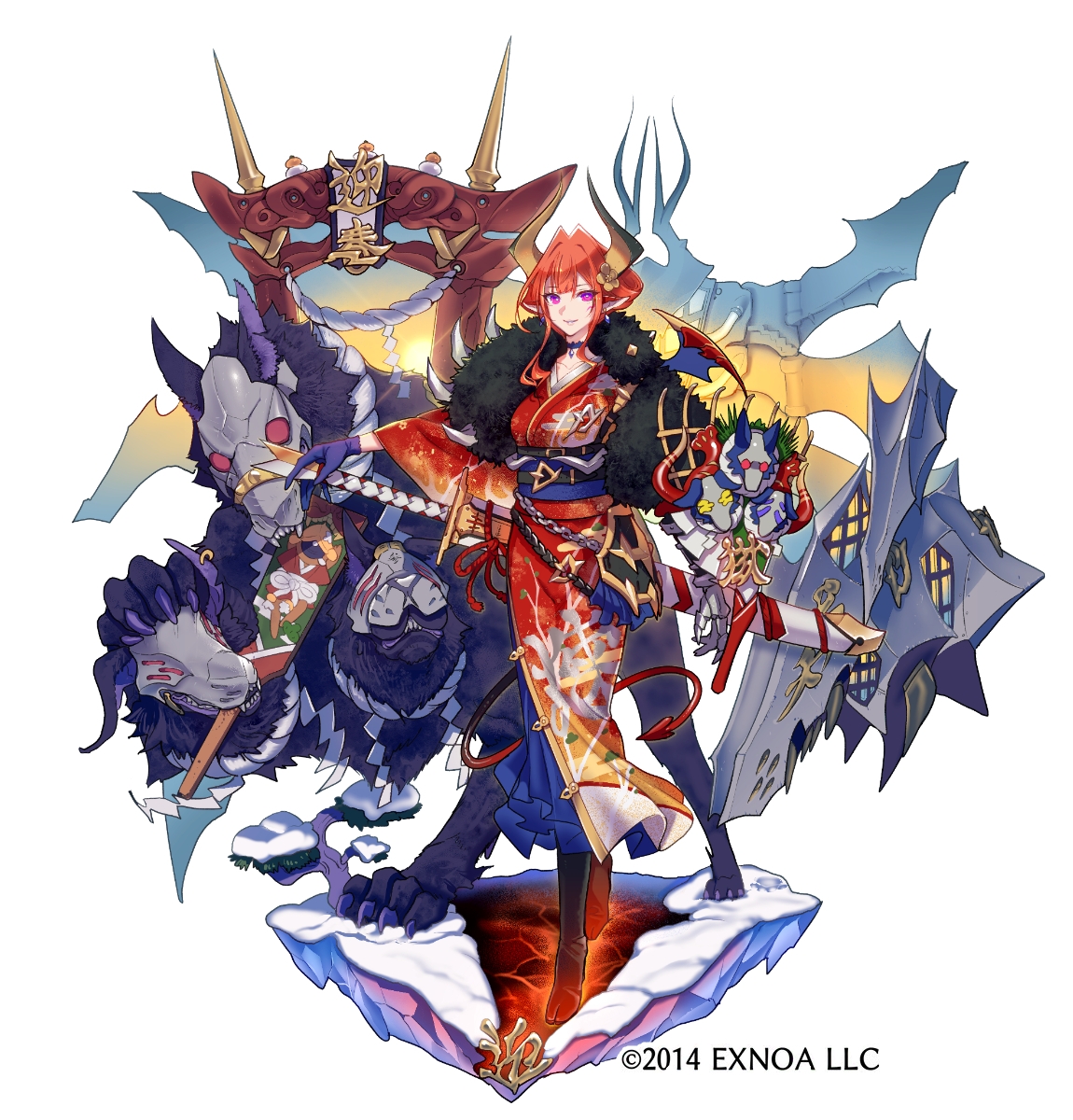 z-ton, cerberus, character request, copyright request, highres, 1girl, belt, bikini, black belt, blue sash, chain, closed mouth, collarbone, copyright notice, flower, hair flower, hair ornament, holding, holding weapon, horns, obi, orange hair, paw print, pointy ears, purple eyes, red bikini, sash, sidelocks, snow, swimsuit, tabi, tree, weapon, wide sleeves, yellow flower