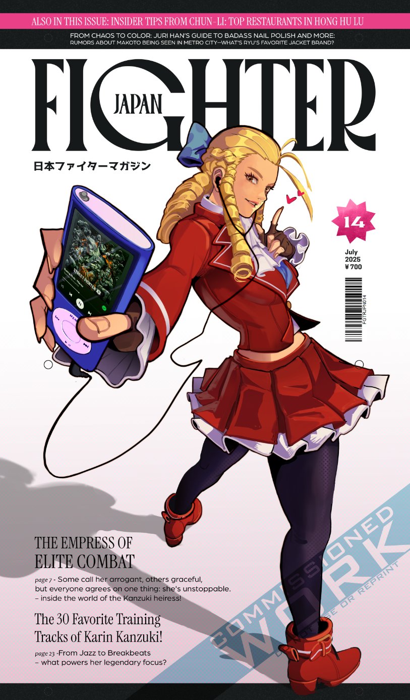 kupdoodles, kanzuki karin, street fighter, street fighter zero (series), highres, 1girl, black pantyhose, blonde hair, brown gloves, drill hair, earbuds, earphones, fingerless gloves, gloves, looking at viewer, looking back, midriff, pantyhose, red skirt, skirt, smile, solo, yellow eyes