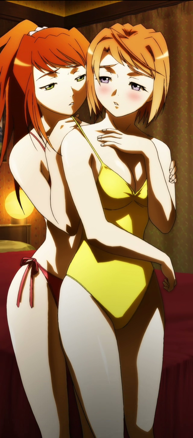 sugiura midori, tokiha mai, my-hime, highres, 00s, 2girls, bikini, blue eyes, blush, breasts, green eyes, large breasts, multiple girls, orange hair, red hair, side-tie bikini bottom, swimsuit, yuri