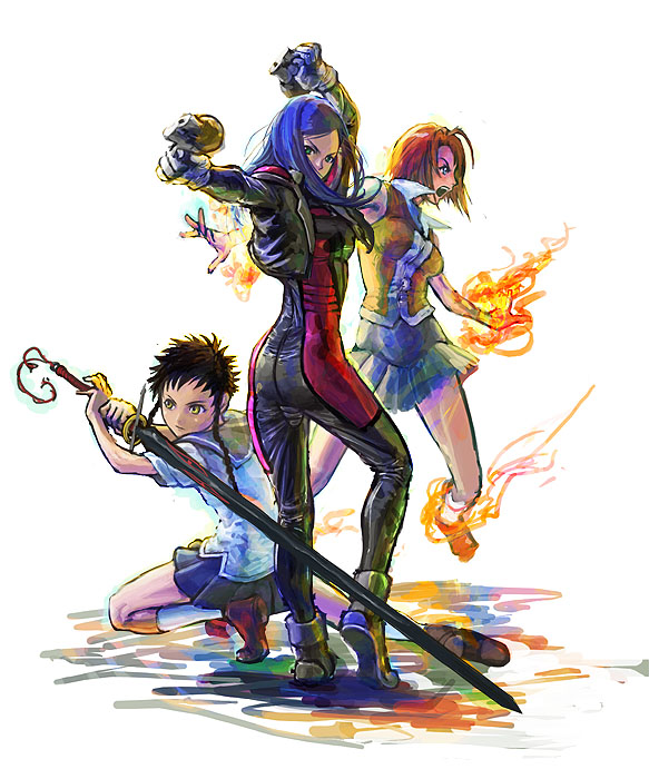 cpt, ikeda (cpt), kuga natsuki, minagi mikoto, tokiha mai, my-hime, 00s, ahoge, ass, biker clothes, bikesuit, blue hair, bodysuit, gloves, green eyes, gun, pleated skirt, red hair, school uniform, serafuku, short hair, skirt, sword, weapon, yellow eyes