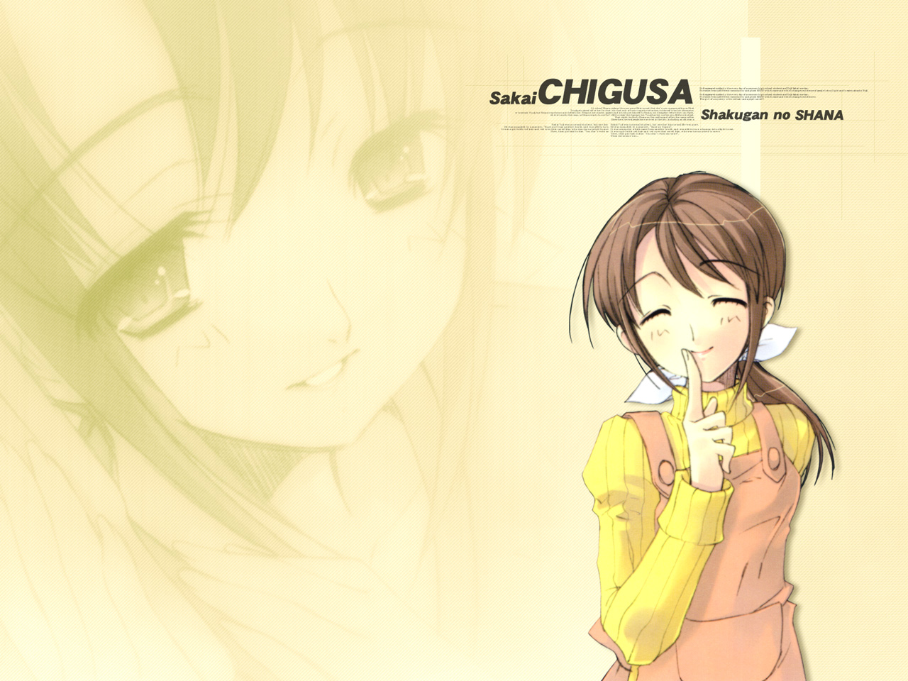 chigusa, ito noizi, sakai chigusa, shakugan no shana, striped, 00s, 1girl, apron, brown hair, closed eyes, female focus, finger to mouth, index finger raised, simple background, smile, solo, sweater, upper body, vertical stripes, yellow background