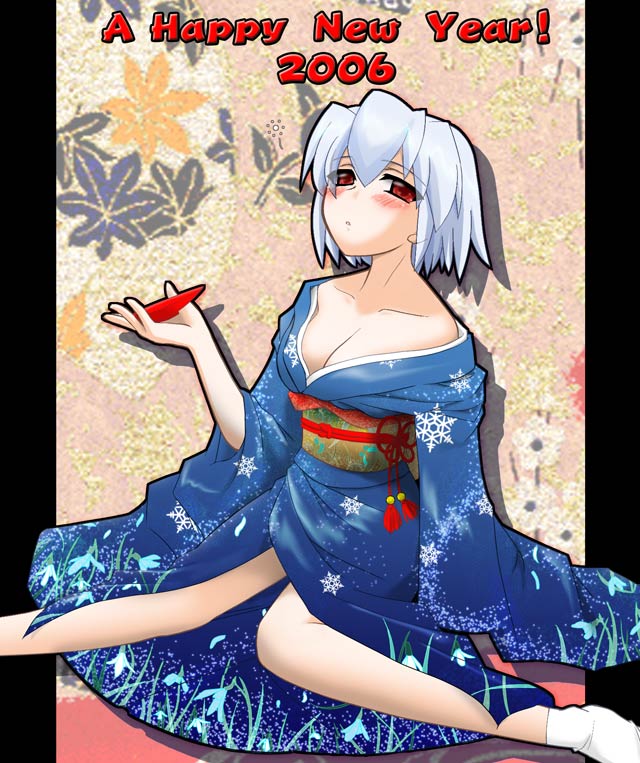 happy go lucky (happymoonlight), kotonomiya yuki, suigetsu, 00s, 1girl, 2006, alcohol, blue hair, blush, breasts, cleavage, cup, female focus, happy new year, japanese clothes, kimono, medium breasts, new year, no bra, off shoulder, red eyes, sakazuki, sake, short hair, sitting, socks, solo