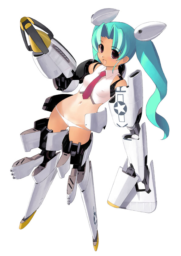 jiji (aardvark), p-51 mustang, 1girl, aircraft, airplane, blue hair, escort fighter, female focus, long hair, lowleg, lowleg panties, mecha musume, midriff, military, necktie, panties, red eyes, solo, twintails, underwear, white panties, world war ii